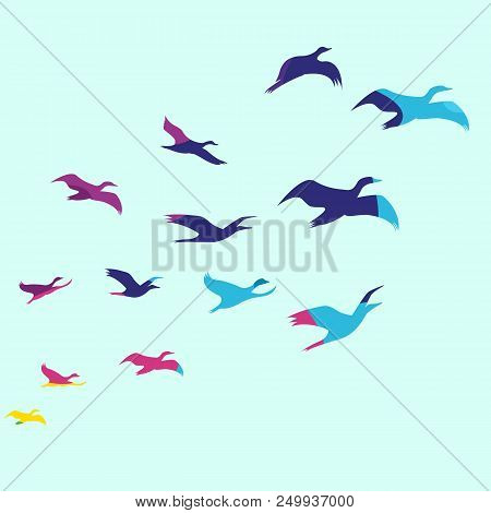 Vector Illustration Of Colorful Birds Fly Together On Light Blue Background Eps 8