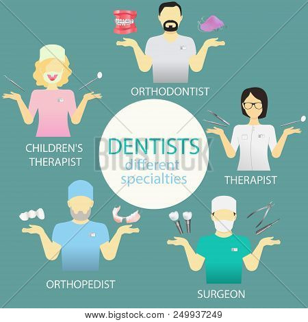 Vector Illustration Of Different Types Of Dentists Specialists. Dental Instruments.