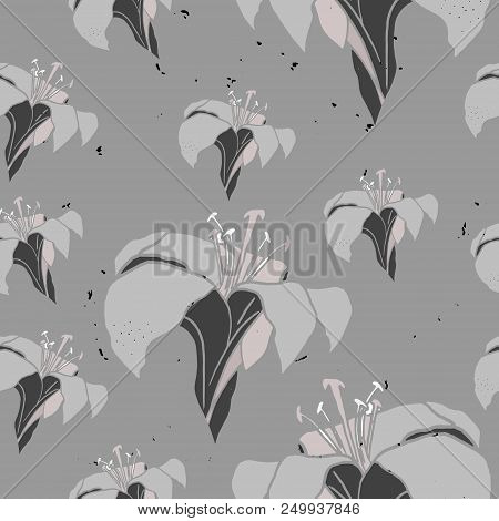 Vector Illustration Of Lily Flowers Seamless Pattern On The Grey Background.