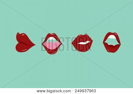 Vector Illustrations Of Different Shapes Of Female Red Lips On Colorful Background In Cartoon Style.