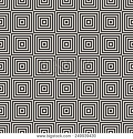 Vector Geometric Squares Seamless Pattern. Abstract Black And White Graphic Ornament With Thin Lines