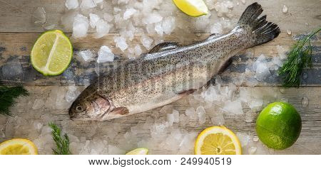 Preparation Of Trout, Sliced Lemon And Green Rosemary. Cooking Food On Wooden Board