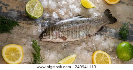 Preparation Of Trout, Sliced Lemon And Green Rosemary. Cooking Food On Wooden Board