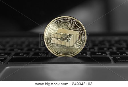 Dash Coin Symbol On Laptop. Concept Financial Currency, Crypto Currency Sign. Blockchain Mining. Dig