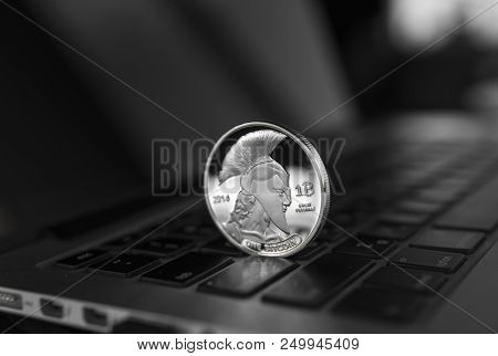 Titan Bitcoin Coin Symbol On Laptop. Concept Financial Currency, Crypto Currency Sign. Blockchain Mi