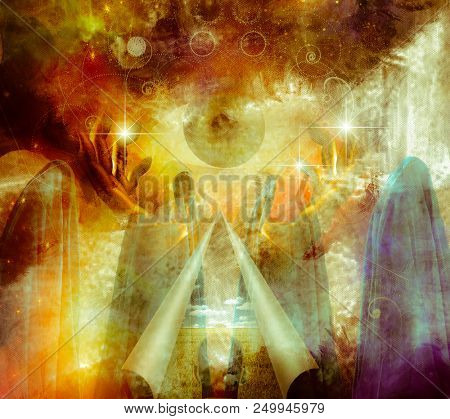 Mystical Abstract Painting, vivid colors  with hands holding large eye, figures draped in cloth and a tear in the image with curling edges. 3D rendering