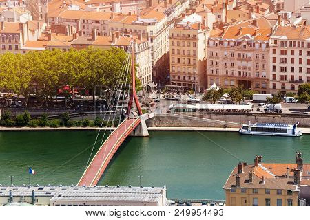 Aerial View Of Modern Gateway Courthouse Footbridge With A Single Mast In Lyon, France