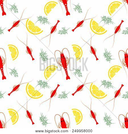 Seamless Seafood Pattern With Boiled Shrimp, Lemon And Dill. Shrimp Food Background. Great For Seafo