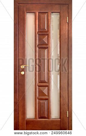 Wooden Interior Door Of Cherry Wood With Brass Handle And Insets Of Frosted Glass With Ornament Isol