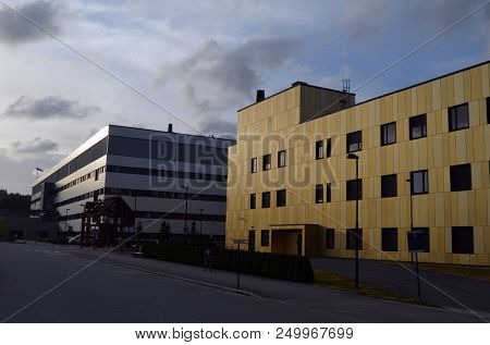 View of architecture of the Ostfold Regional Hospital. June 17,2018. Osfold Region, Norway