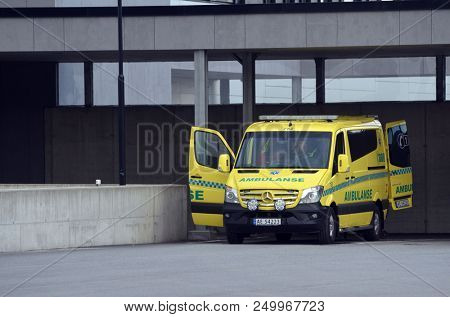 Ambulance near of the Ostfold Regional Hospital. June 17,2018. Osfold Region, Norway
