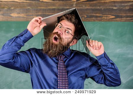 Teacher Bearded Man With Modern Laptop Chalkboard Background. School Blows His Mind. Hipster Teacher