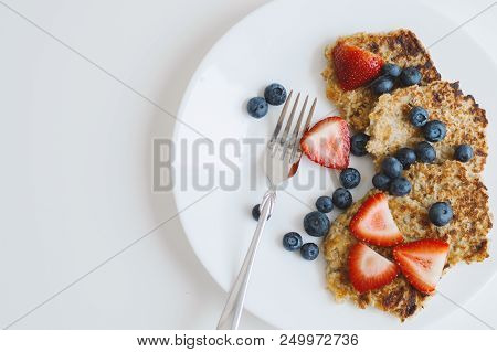 Healthy, Sweet And Balanced Breakfast: Whole Grain Pancakes With No Added Sugar Served With Strawber
