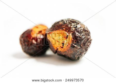 Wash Nuts Isolated On White Background, Macro View. Natural Herbal Jrganic Shampoo.