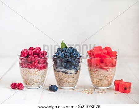 Healthy Breakfast: Overnight Oats With Fresh Fruits And Berries In Glass. Overnight Oatmeal Porridge