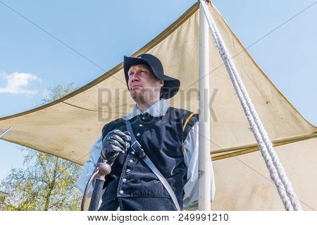 Swedish Soldier From The 1600s Standing In Front Of A Tent, Denmark, May 21, 2017