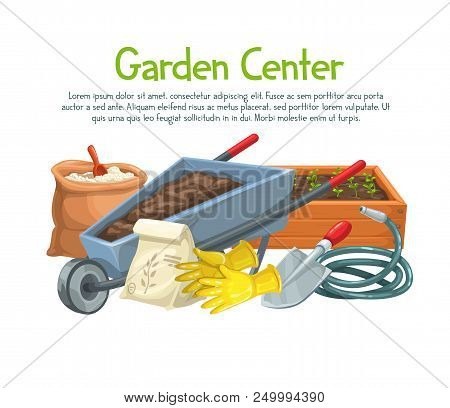 Vector Gardening Banner With Gloves, Seedlings, Wheelbarrow, Fertilizer, Seedling, Watering Hose, Gl