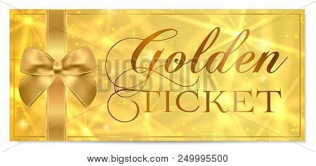 Golden Ticket, Gold Ticket (tear-off) Vector Template Design With Star Golden Background. Useful For