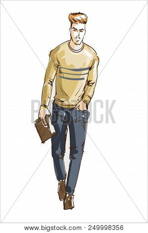 Fashion Man Vector Illustration. Fashion Man With Modern Hair Style And Casual Sweater And Lether Ha
