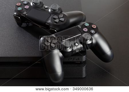 Russia, Oktober 24 2019: The New Sony Dualshock 4 With Playstation 4. Sony Playstation 4 Game Consol