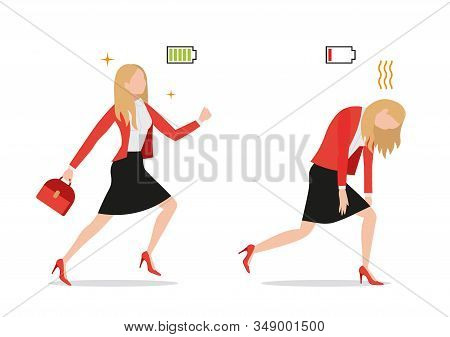 Businesswomanset Of Powerful Businesswoman With Green Full Energy Battery Sign And Tired Exhausted F