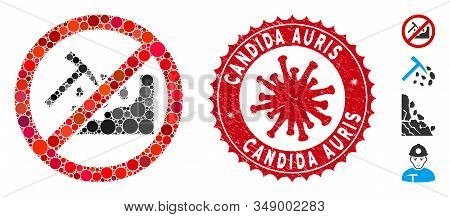 Mosaic No Rock Mining Icon And Red Round Corroded Stamp Seal With Candida Auris Text And Coronavirus