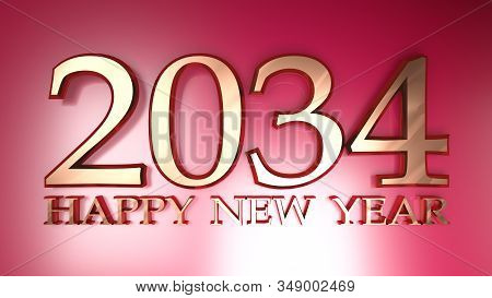2034 Happy New Year Copper Write On Red Background - 3d Rendering Illustration