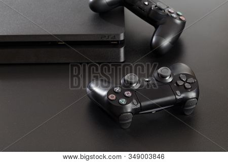 Russia, Oktober 24 2019: The New Sony Dualshock 4 With Playstation 4. Sony Playstation 4 Game Consol