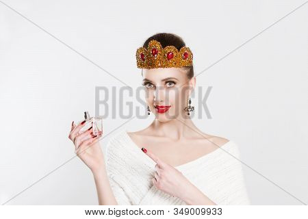 This Is My Favorite Perfume, Look Here. Woman Brown Hair And Golden Crown With Ruby Stones On Head B