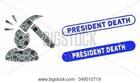 Mosaic Head Shock And Grunge Stamp Seals With President Death Caption. Mosaic Vector Head Shock Is C