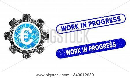 Mosaic Euro Settings And Grunge Stamp Seals With Work In Progress Phrase. Mosaic Vector Euro Setting