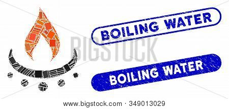 Collage Gas Burner Jet Flame And Rubber Stamp Seals With Boiling Water Text. Mosaic Vector Gas Burne