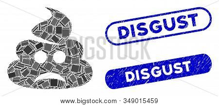 Mosaic Sad Shit And Distressed Stamp Seals With Disgust Phrase. Mosaic Vector Sad Shit Is Designed W
