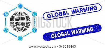 Collage Global Frame And Corroded Stamp Seals With Global Warming Phrase. Mosaic Vector Global Frame