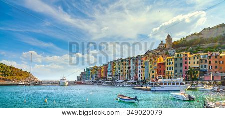 Portovenere Colorful Village On The Sea. Boats, Church And Houses. Five Lands, Cinque Terre, Liguria