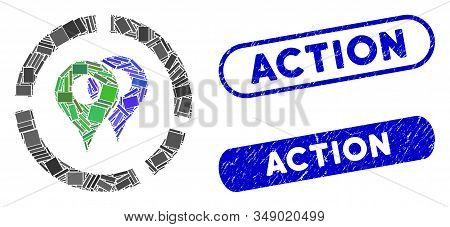 Mosaic Geo Diagram And Distressed Stamp Seals With Action Text. Mosaic Vector Geo Diagram Is Created