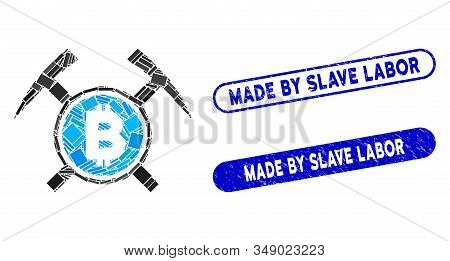 Mosaic Bitcoin Mining Hammers And Distressed Stamp Seals With Made By Slave Labor Phrase. Mosaic Vec