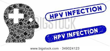 Collage Plus Head And Grunge Stamp Seals With Hpv Infection Text. Mosaic Vector Plus Head Is Created
