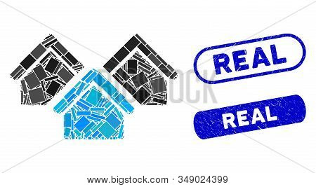 Mosaic Real Estate And Distressed Stamp Seals With Real Text. Mosaic Vector Real Estate Is Designed 