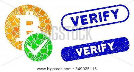 Mosaic Valid Bitcoin And Distressed Stamp Seals With Verify Phrase. Mosaic Vector Valid Bitcoin Is C