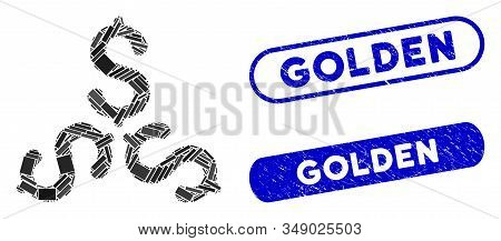 Mosaic Dollar Trinity And Rubber Stamp Seals With Golden Caption. Mosaic Vector Dollar Trinity Is Cr