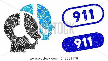 Mosaic Call Center Operators And Rubber Stamp Seals With 911 Text. Mosaic Vector Call Center Operato