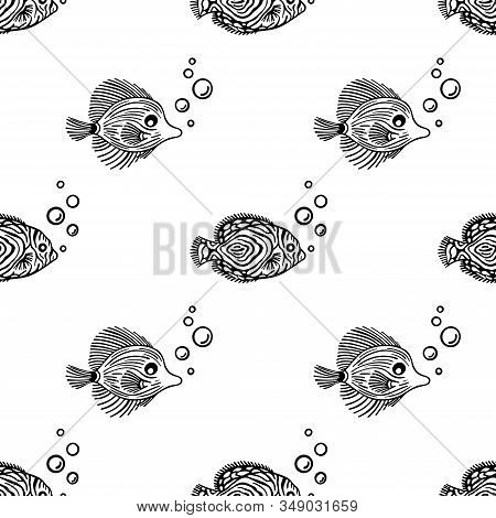 Seamless Outline Pattern Of Fish With Bubbles.vector Endless Pattern. Fish Pattern On White Backgrou