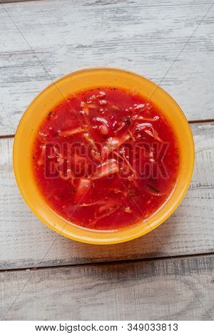 Traditional Ukrainian Russian Vegetable Borscht On The Old Wooden Background. Borscht. Borsch With Q