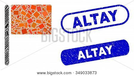 Collage Red Flag And Corroded Stamp Seals With Altay Caption. Mosaic Vector Red Flag Is Created With