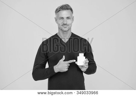 Worth To Try. Cosmetics For Men. Beauty Product. Handsome Well Groomed Healthy Guy Recommend Product