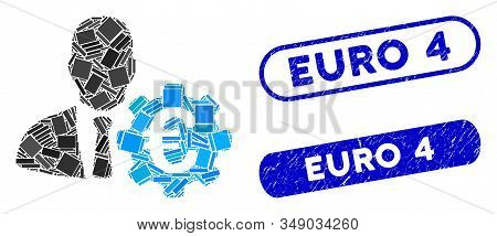 Mosaic Euro Economist And Corroded Stamp Seals With Euro 4 Caption. Mosaic Vector Euro Economist Is 