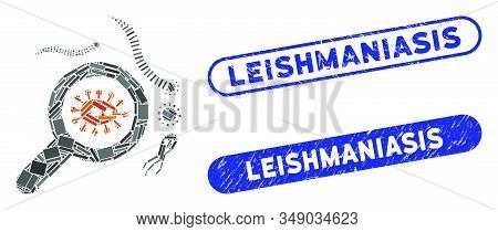 Mosaic Explore Microbes And Grunge Stamp Seals With Leishmaniasis Text. Mosaic Vector Explore Microb