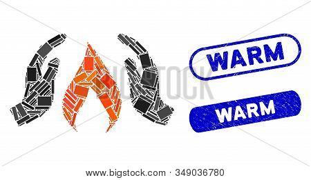 Mosaic Warm Up Hands And Corroded Stamp Seals With Warm Text. Mosaic Vector Warm Up Hands Is Formed 
