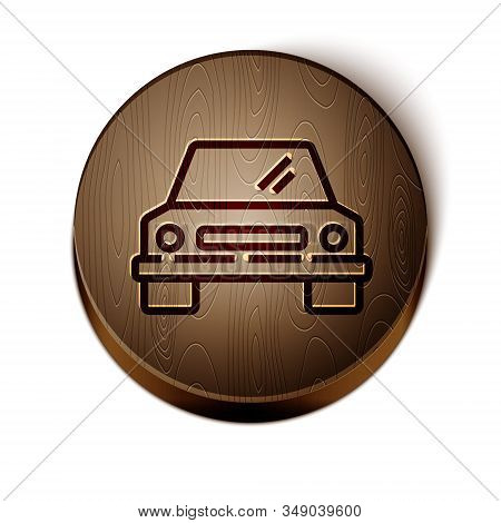 Brown Line Car Icon Isolated On White Background. Front View. Wooden Circle Button. Vector Illustrat